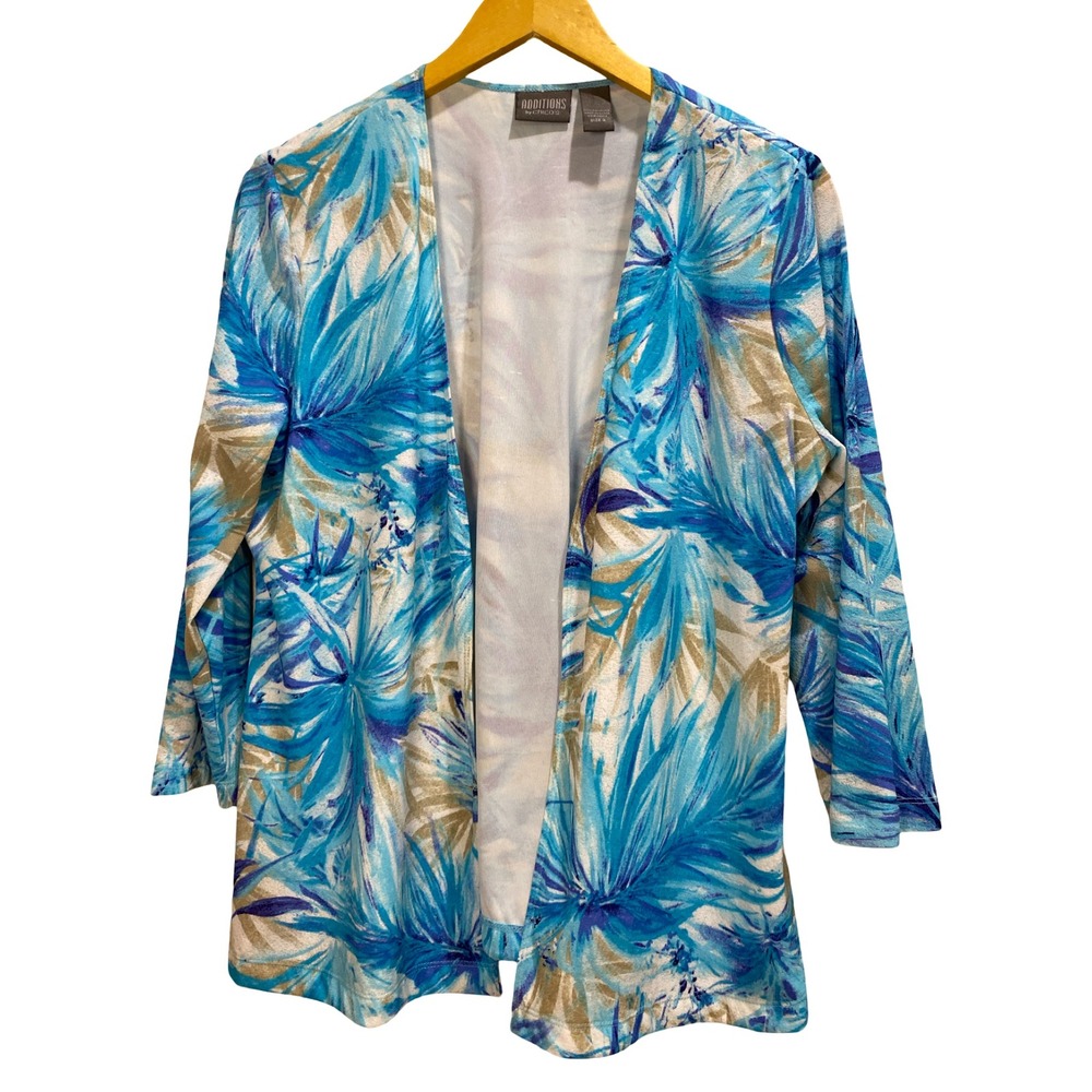 Additions by Chicos Blue Tropical Leaf Print Open Front Cardigan Jacket Womens 2